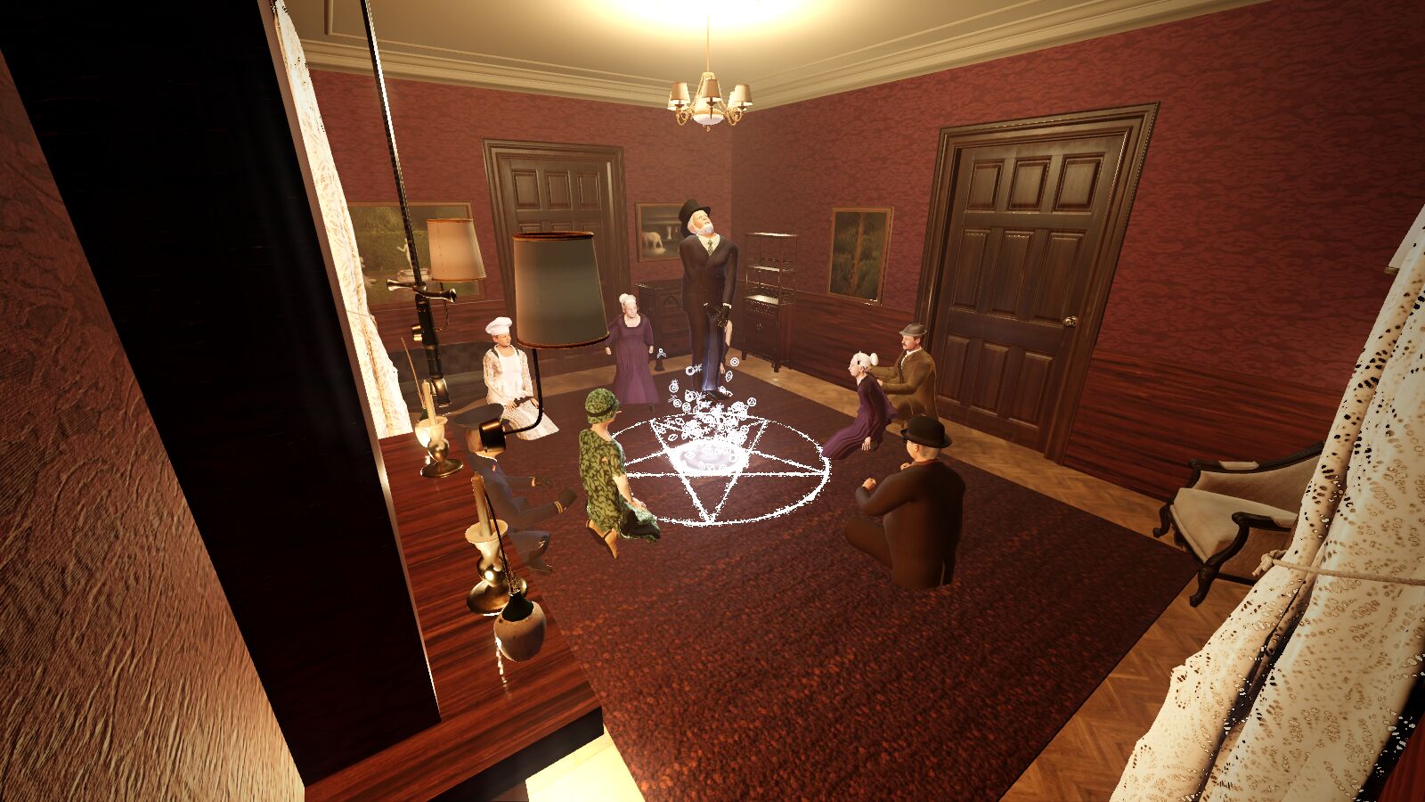 Eight guests seated round the chalk Pentagram in the drawing room while one is lifted over it in a Banishing